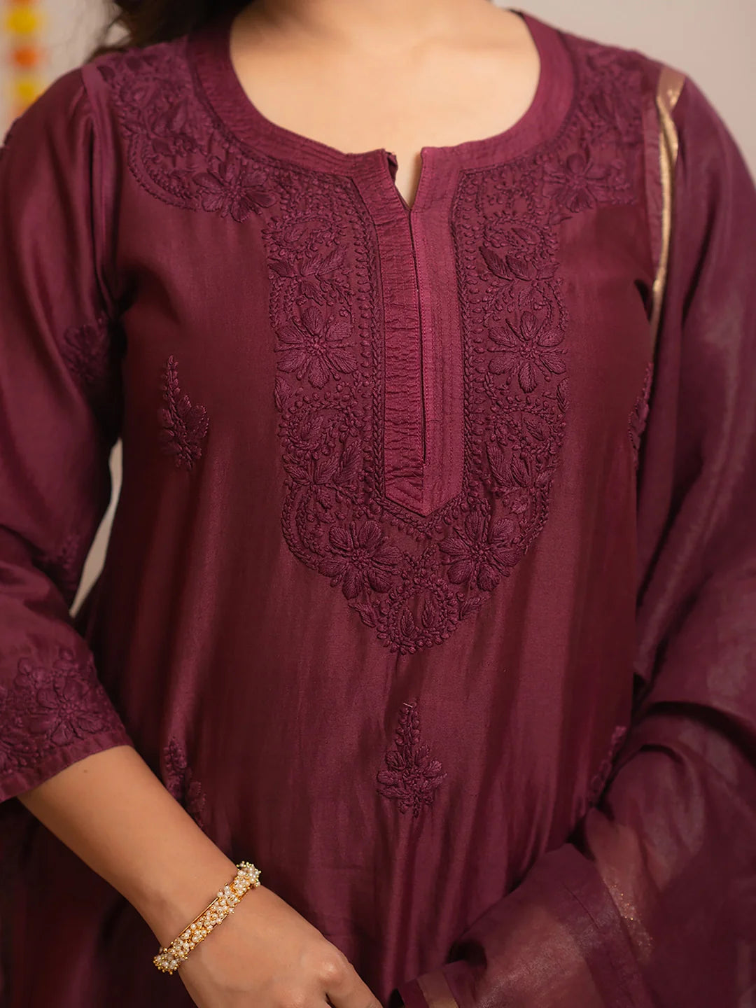 Wine Riwaayat Chanderi Chikankari Kurta Set