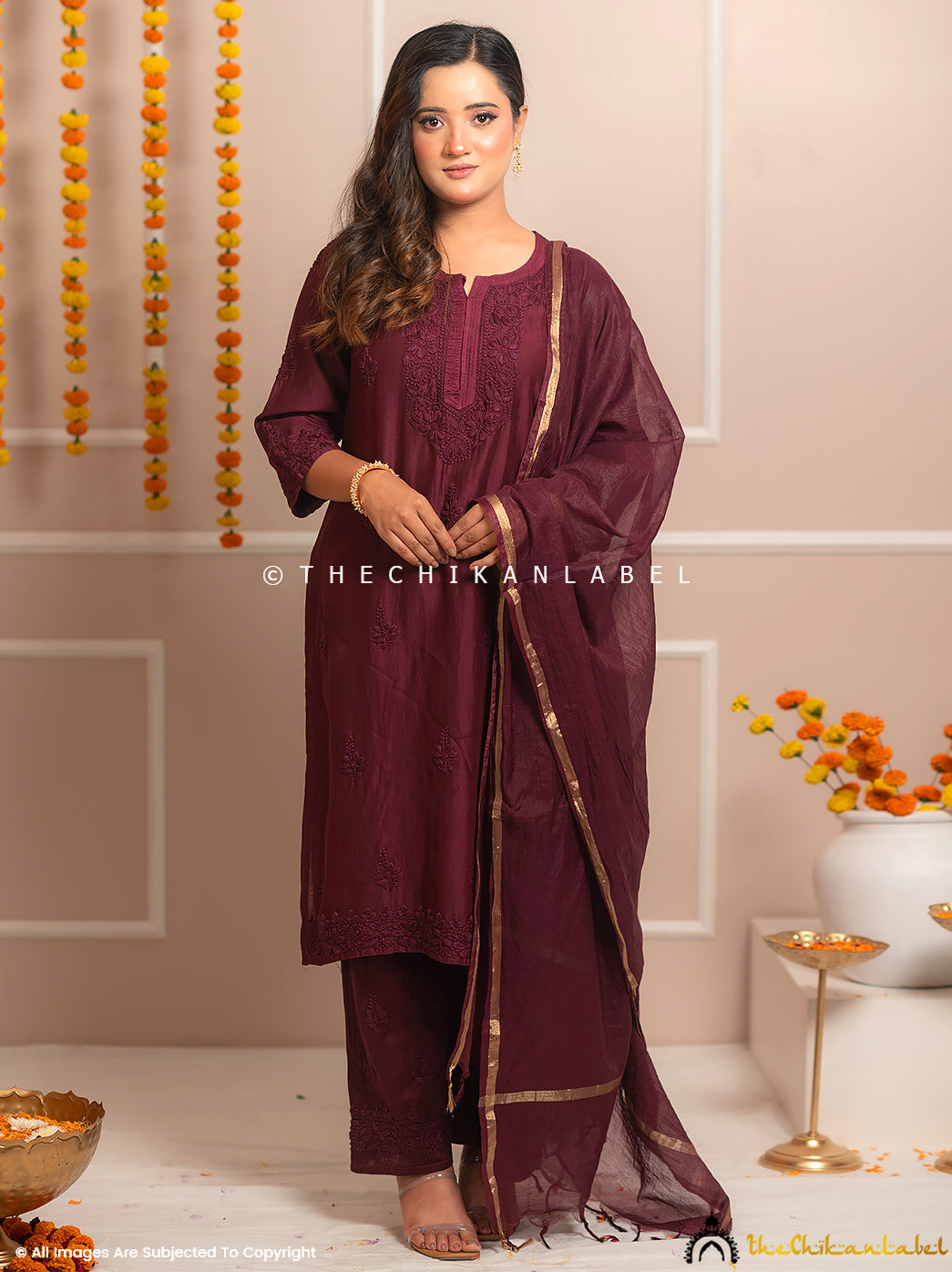 Riwaayat Wine Chanderi Chikankari Kurti Palazzo Set