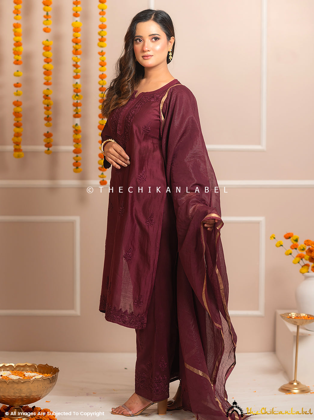 Riwaayat Wine Chanderi Chikankari Kurti Palazzo Set