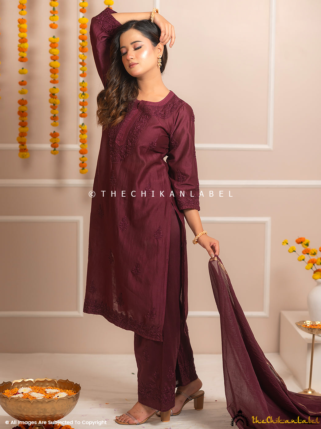 Riwaayat Wine Chanderi Chikankari Kurti Palazzo Set