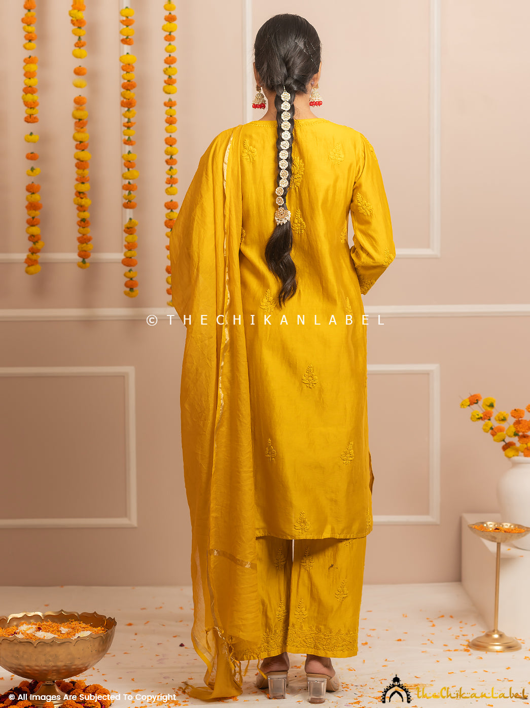 Riwaayat Yellow Chanderi Chikankari Kurti Palazzo Set