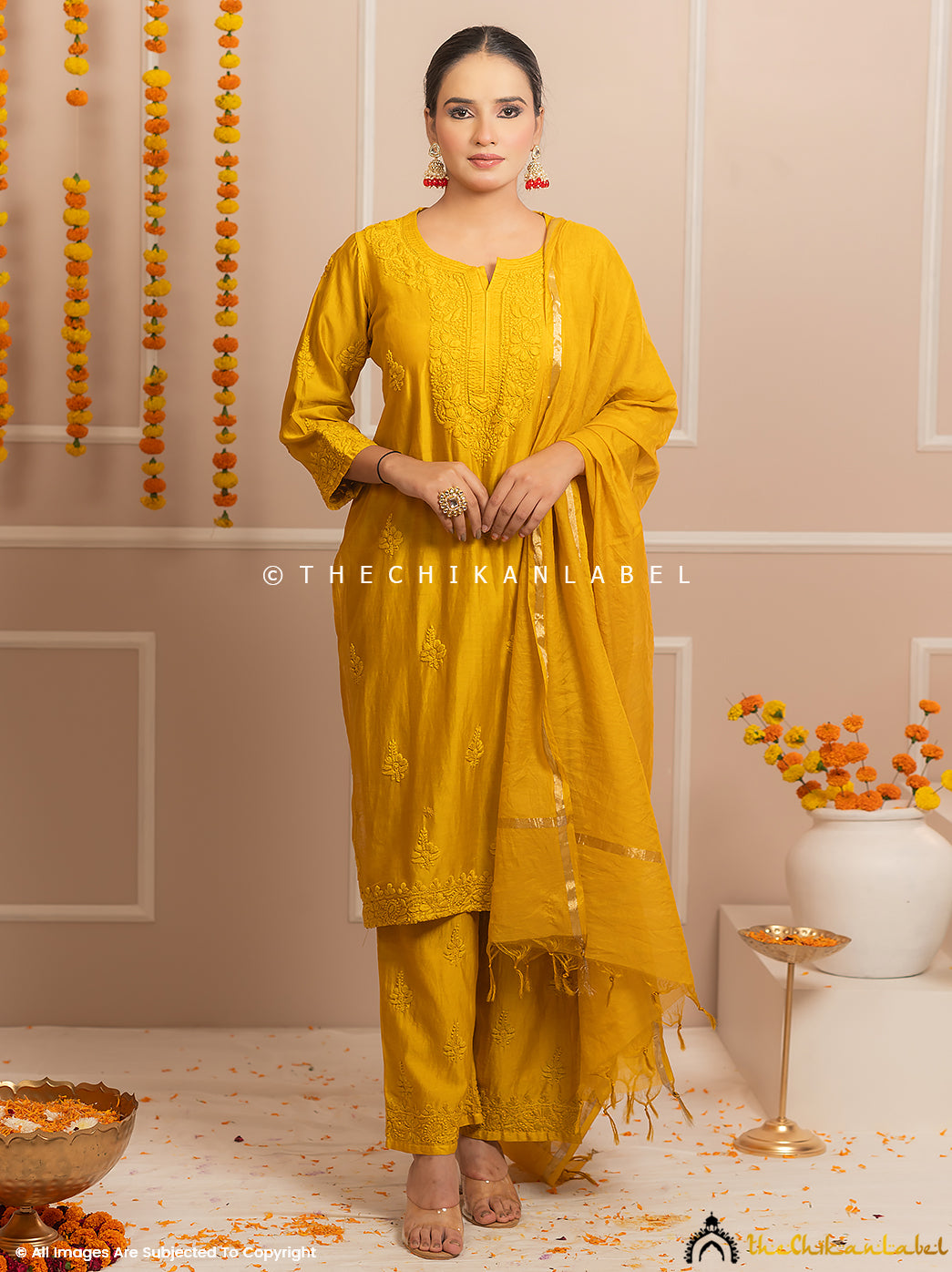 Riwaayat Yellow Chanderi Chikankari Kurti Palazzo Set