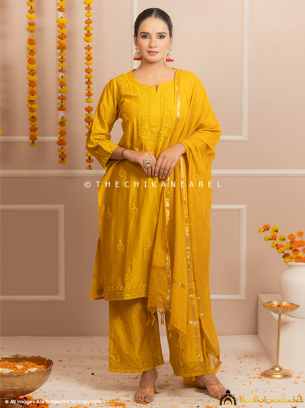 Riwaayat Yellow Chanderi Chikankari Kurti Palazzo Set