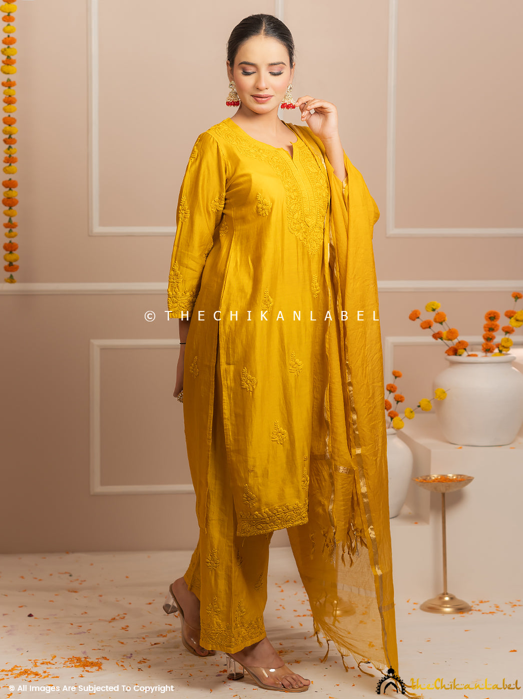 Riwaayat Yellow Chanderi Chikankari Kurti Palazzo Set