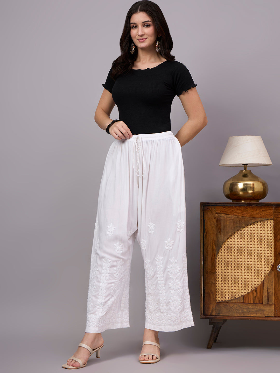 Rayon Straight Palazzo designed with lightweight fabric, easy movement, and timeless Lucknowi embroidery craftsmanship