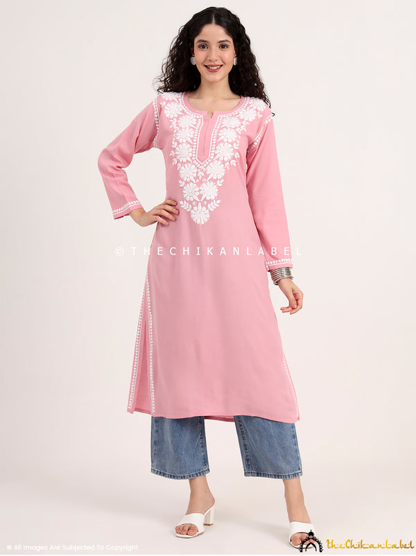 Handcrafted minimalist chikankari kurti featuring a notched neckline, soft rayon fabric, and relaxed fit for all-day ethnic elegance.