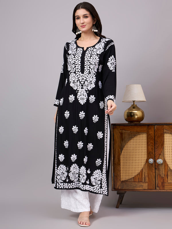 Women's handcrafted Rayon Straight Kurti featuring authentic Lucknow Chikankari embroidery, breathable fabric, straight silhouette, and elegant ethnic design for everyday wear.