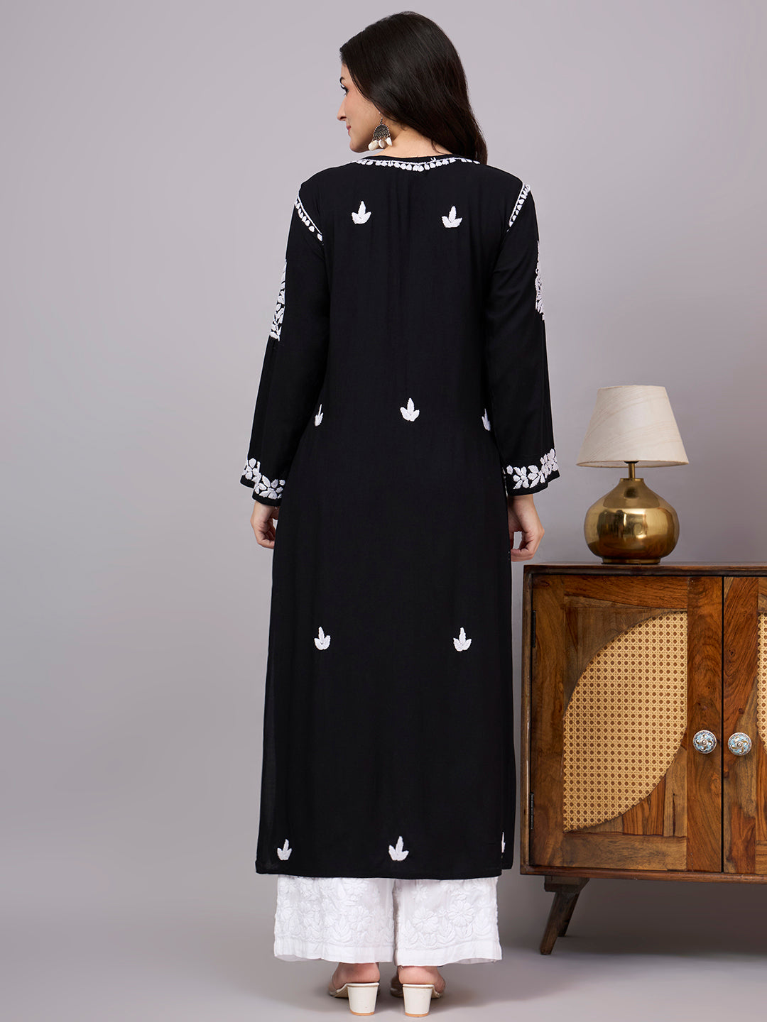 Traditional Rayon Straight Kurti with detailed hand-embroidered Chikankari work, full sleeves, straight fit, and timeless ethnic styling suitable for daily wear and festive occasions.