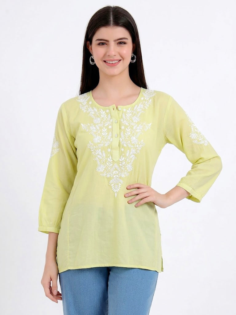 Hand embroidered chikankari shirt made from lightweight mulmul cotton for comfortable daily styling