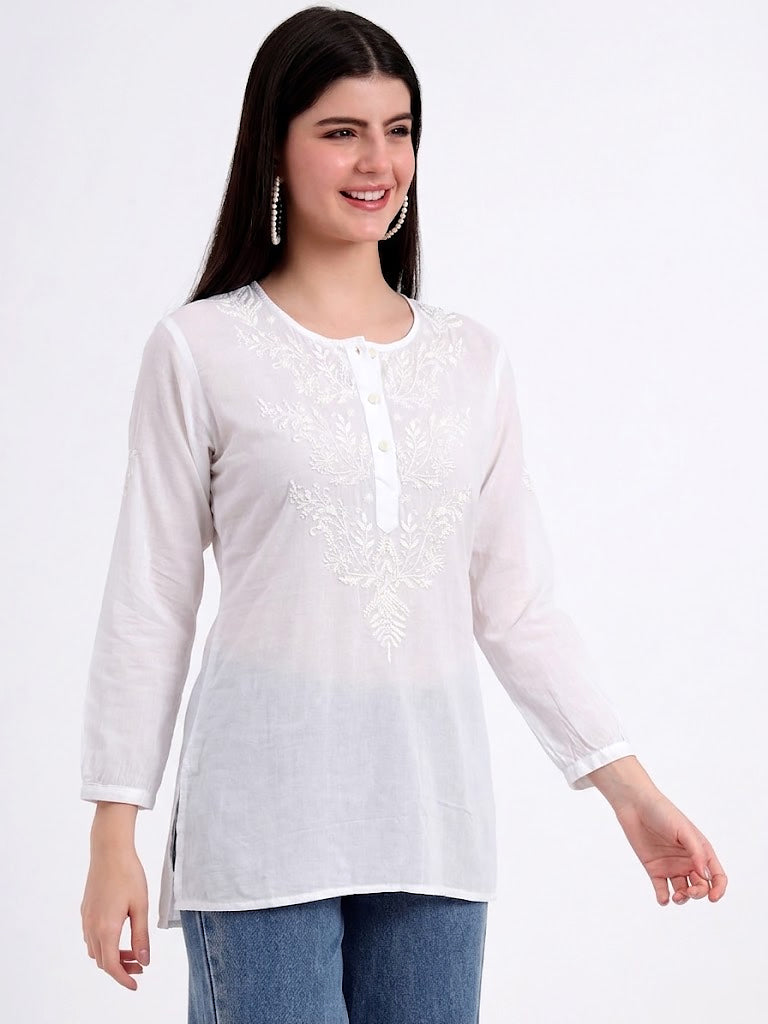 Elegant mulmul cotton chikankari shirt designed with detailed hand embroidery for modern ethnic styling