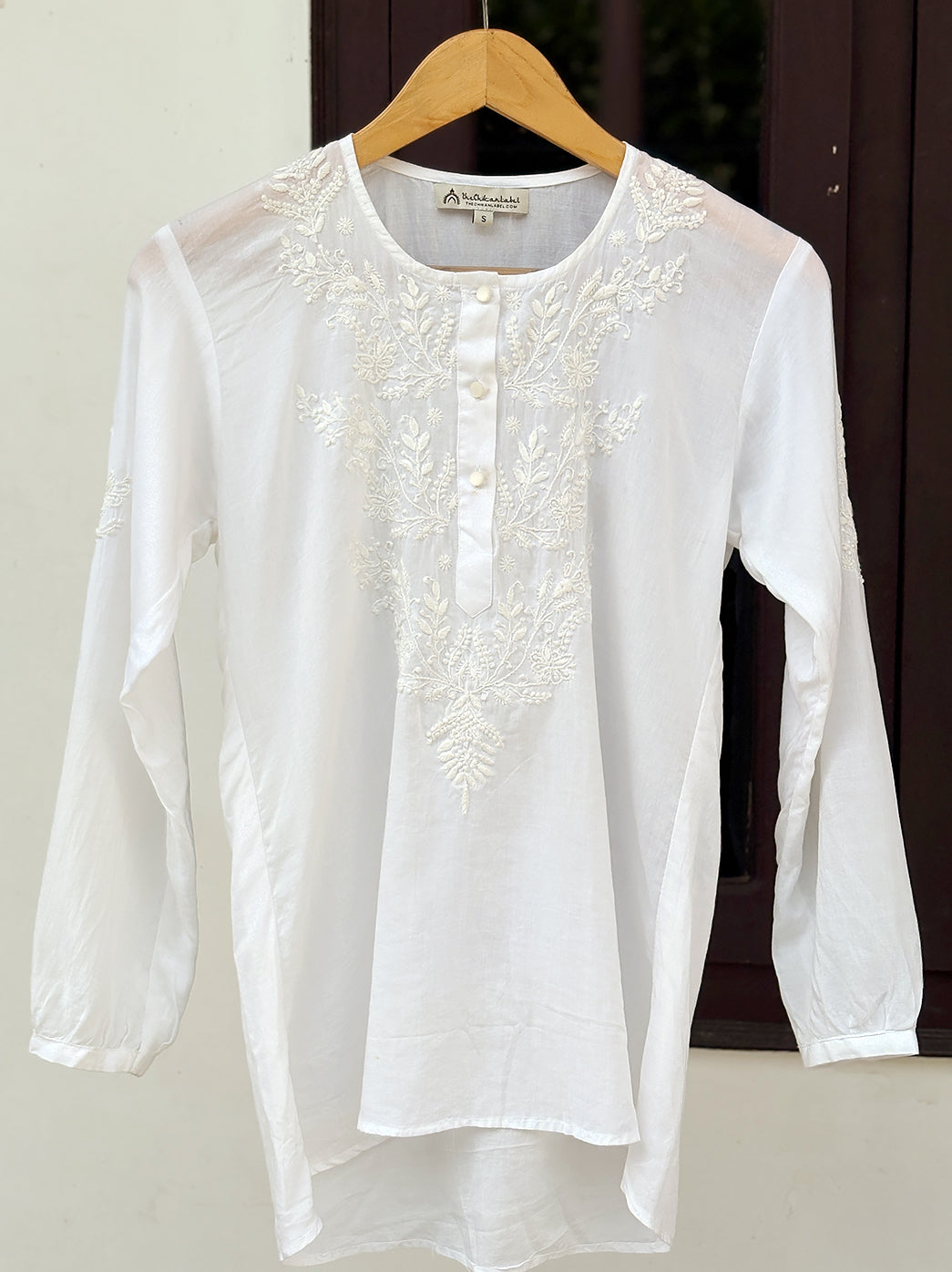 Hand embroidered chikankari shirt made from lightweight mulmul cotton for comfortable daily styling
