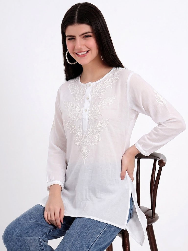 Elegant mulmul cotton chikankari shirt designed with detailed hand embroidery for modern ethnic styling