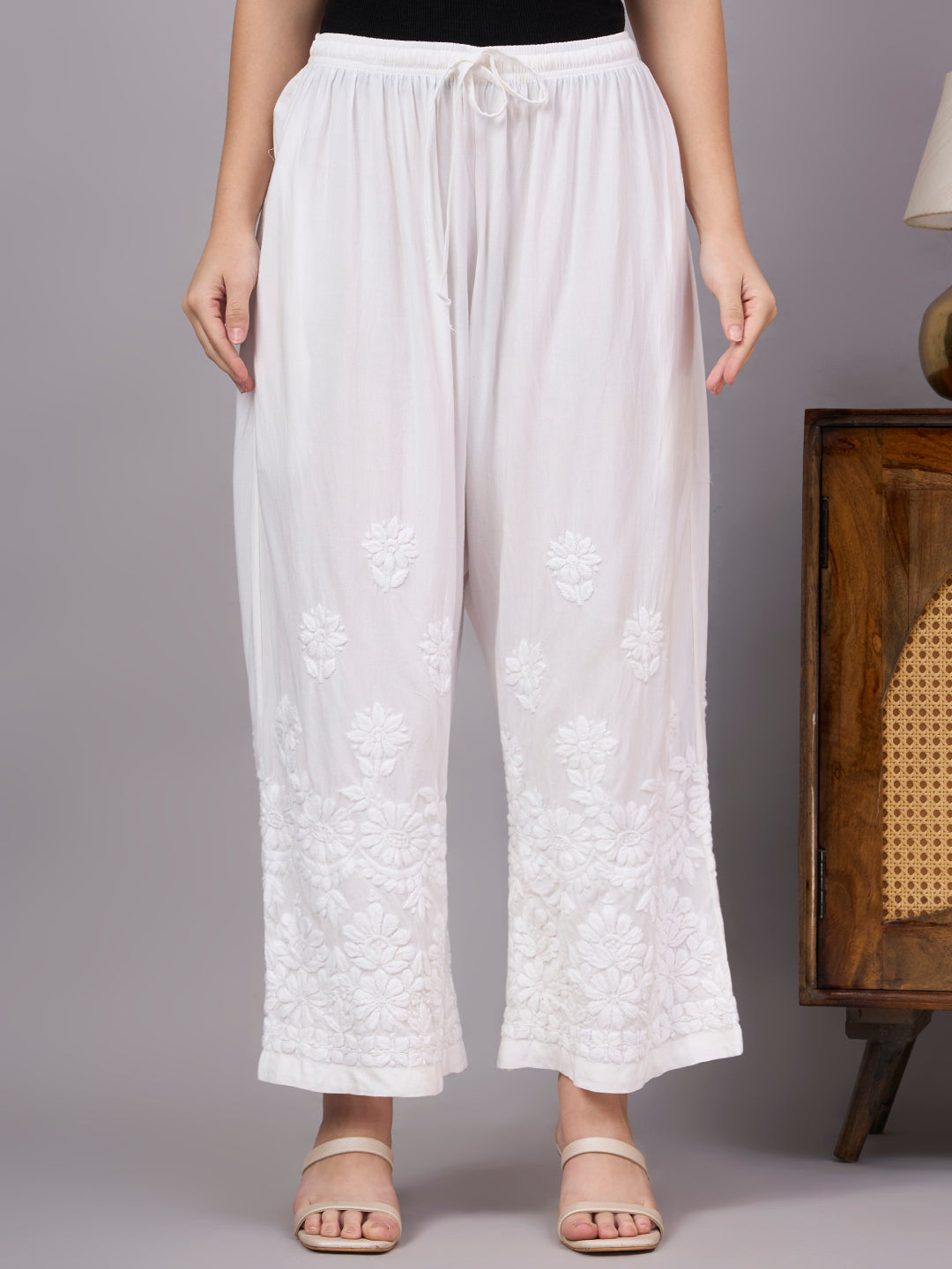 Designer Rayon Chikankari Palazzo featuring a relaxed silhouette, breathable fabric, and stylish everyday ethnic appeal