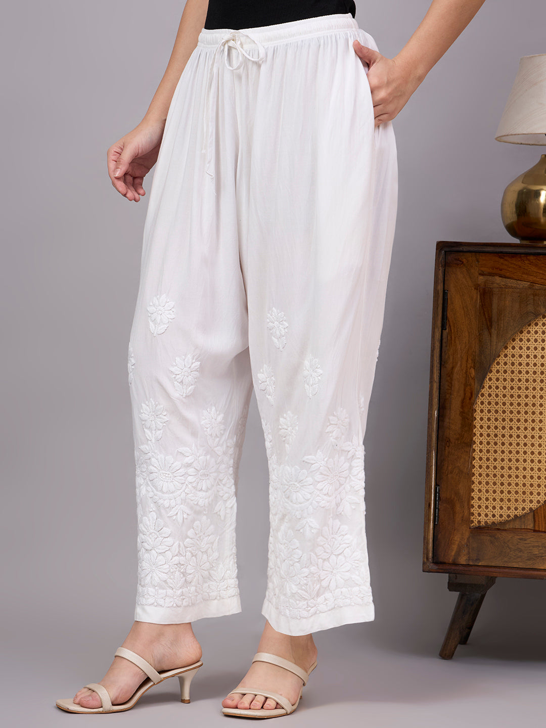 Stylish regular wear Palazzo for women featuring Lucknowi Chikankari details and a soft flowy straight fit design