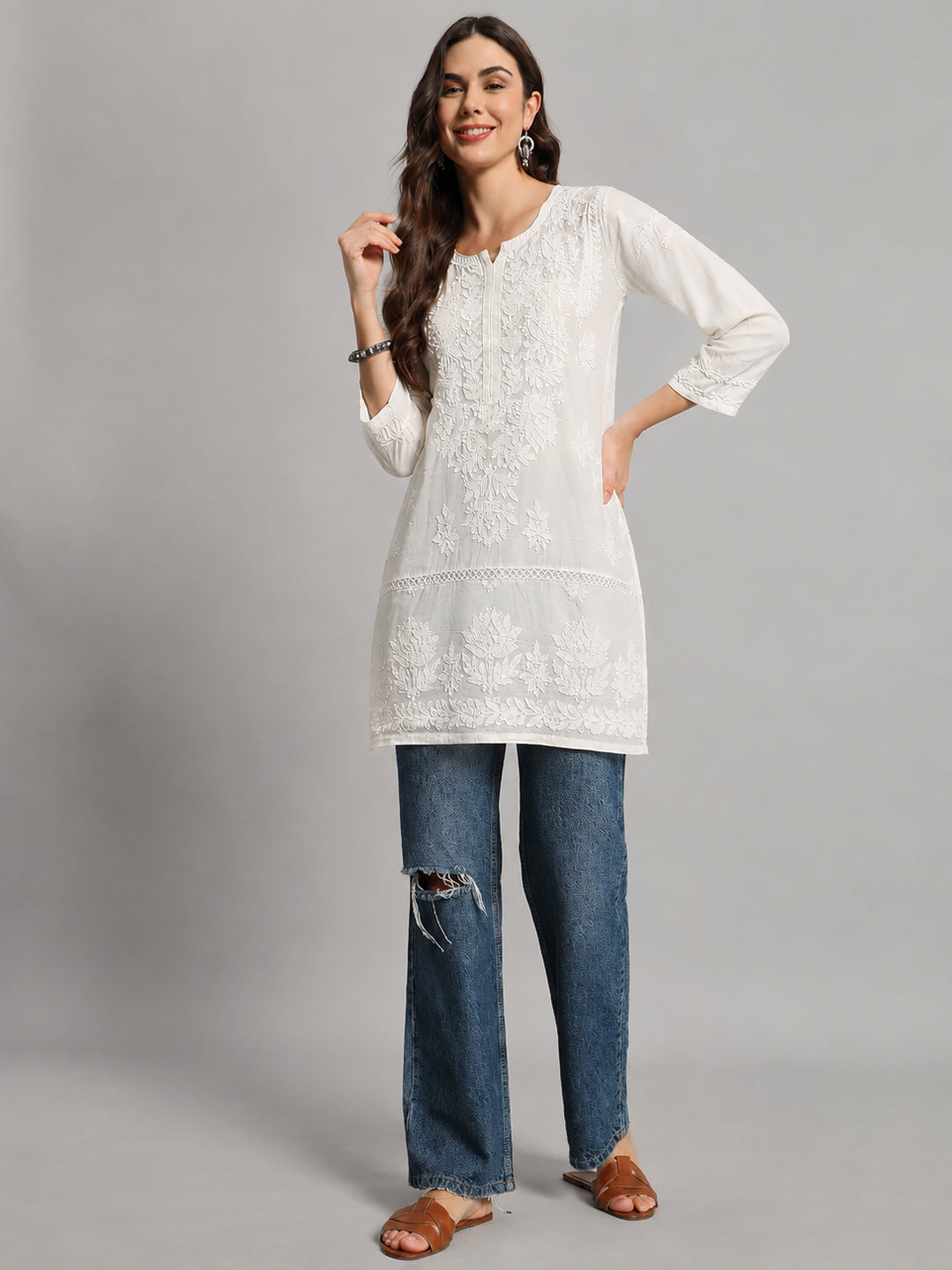 Chanderi Short Kurta for women featuring elegant Lucknowi Chikankari embroidery with premium craftsmanship and stylish everyday ethnic fashion appeal
