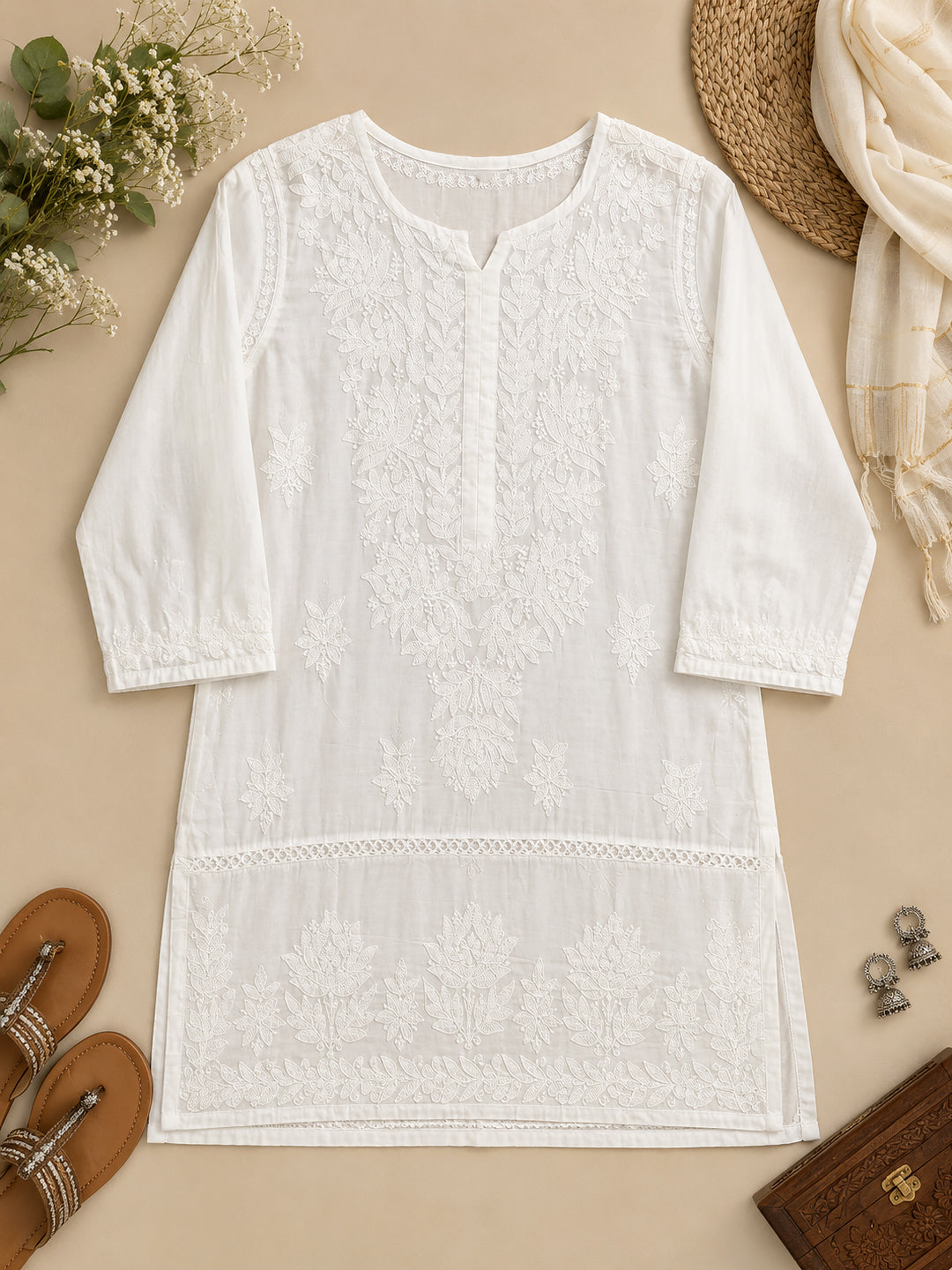 Comfortable regular wear kurti crafted with delicate Chikankari artwork, soft Chanderi texture, and versatile styling for daily ethnic looks