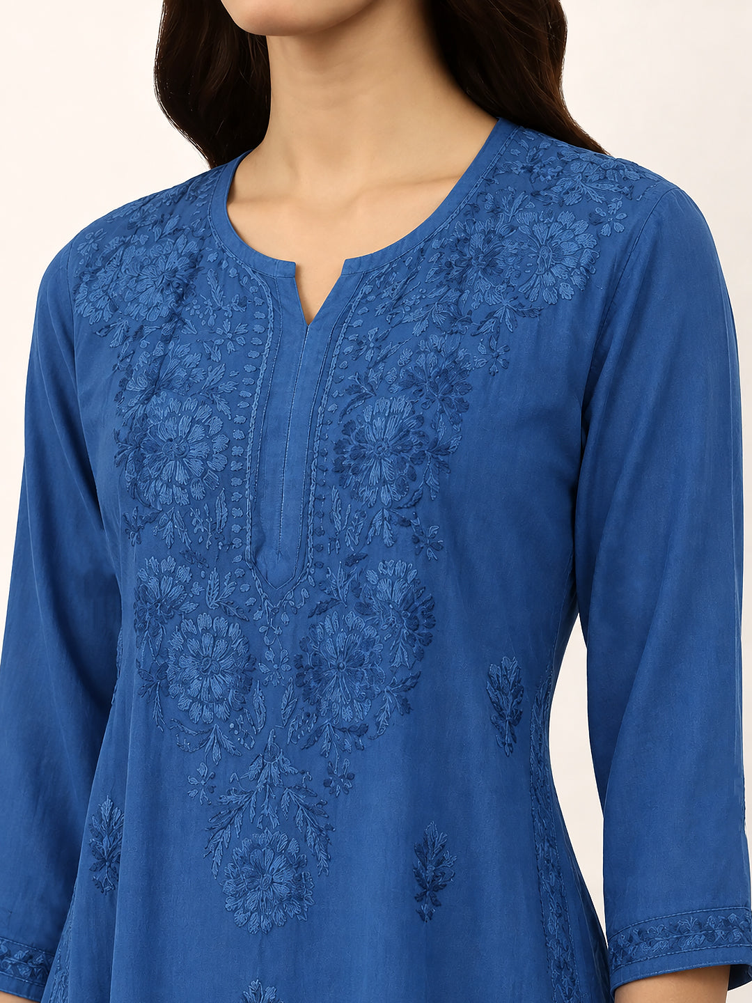 Saanvika Rayon Straight Kurta for women with detailed floral Chikankari embroidery on the front, comfortable straight fit and three-quarter sleeves