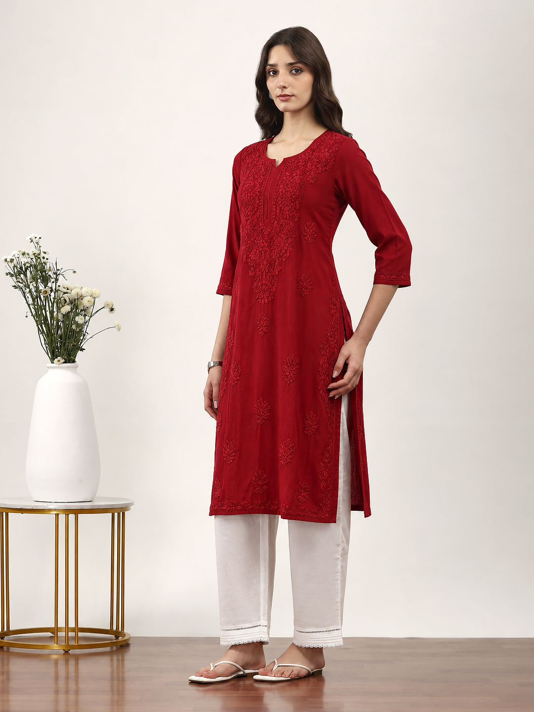 Saanvika Straight Kurta for women featuring detailed floral Chikankari work, embroidered sleeves, straight hem and an elegant silhouette for casual occasions
