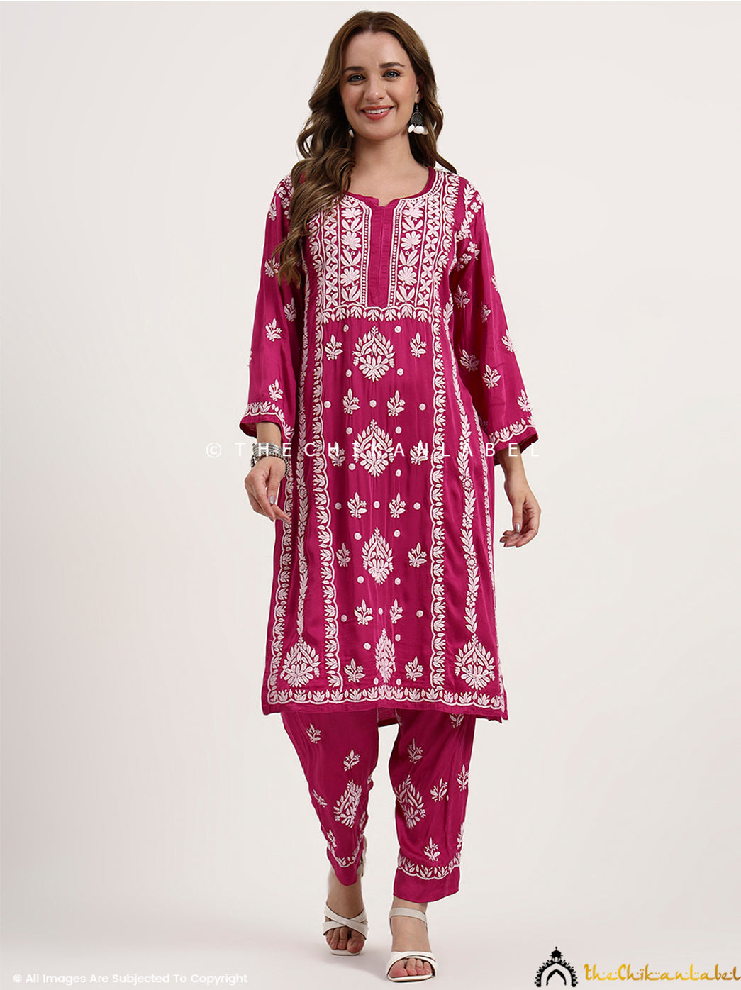 Sadia Satin Modal Chikankari Kurta Set - Hot Pink