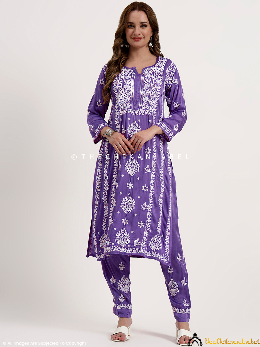 Sadia Satin Modal Chikankari Kurta Set - Lavender