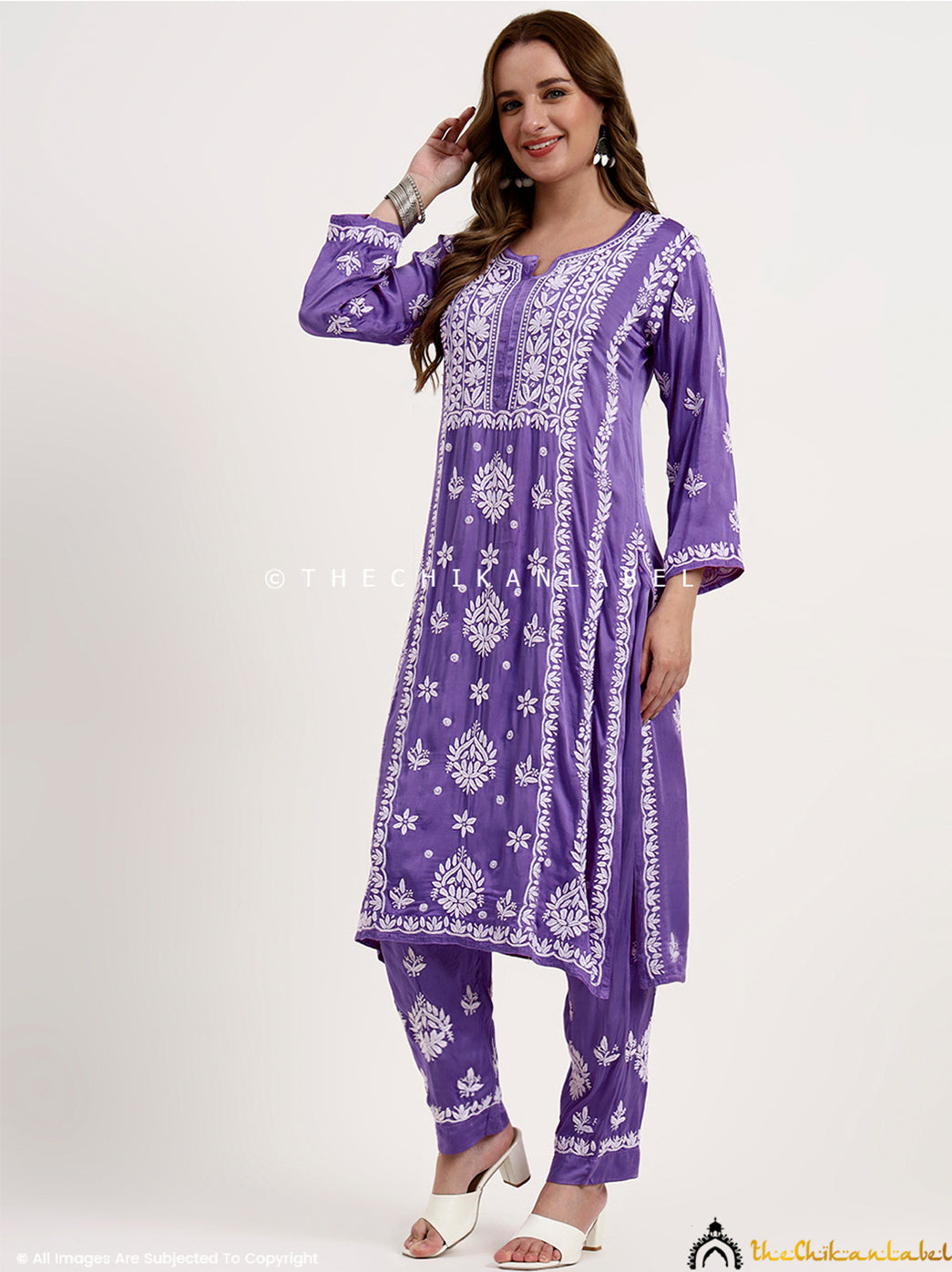 Sadia Satin Modal Chikankari Kurta Set - Lavender