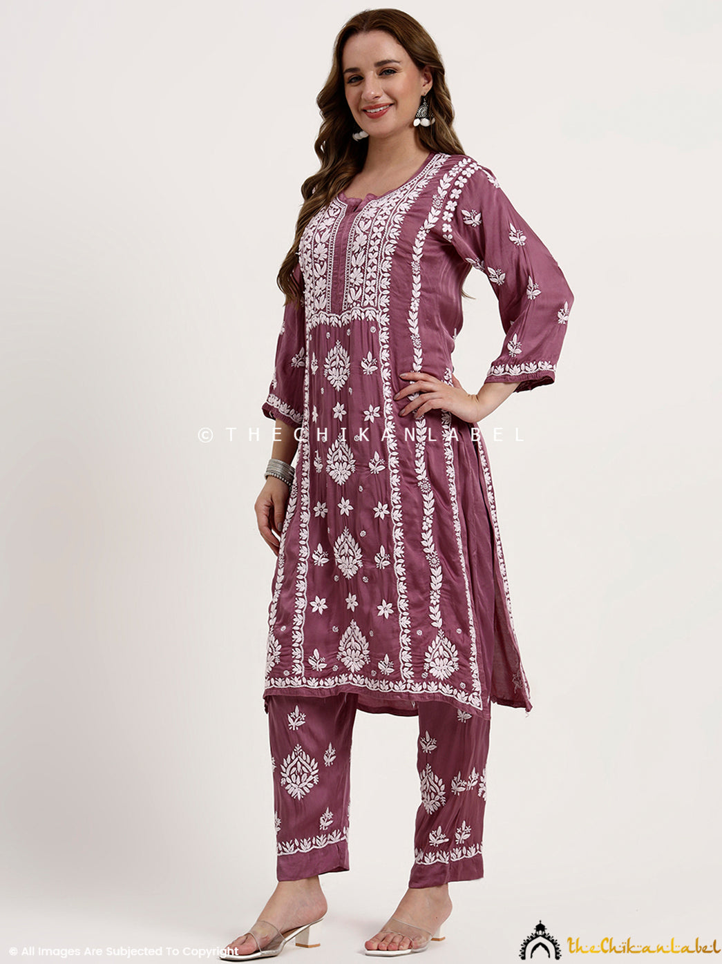 Sadia Satin Modal Chikankari Kurta Set - Mauve