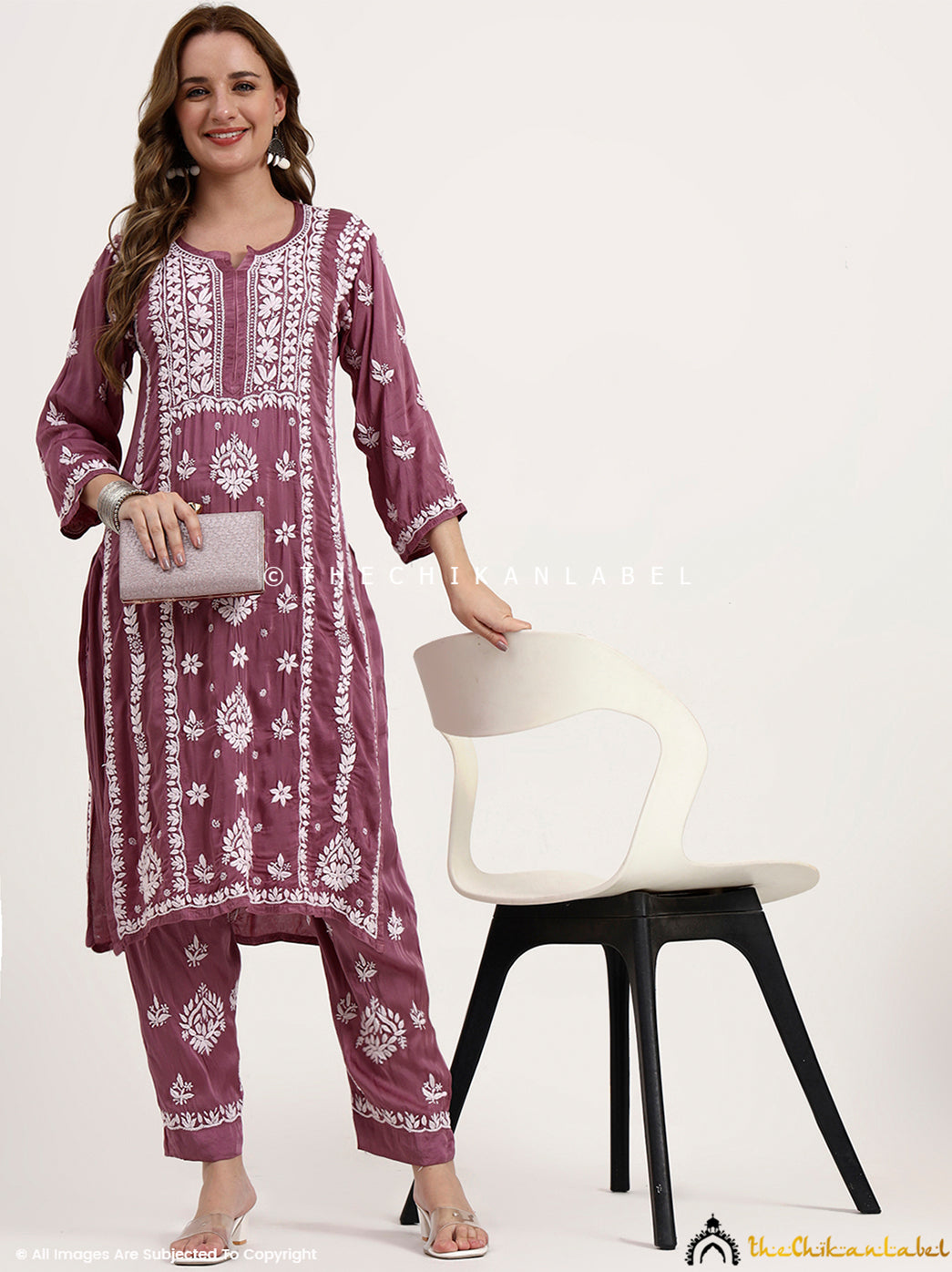 Sadia Satin Modal Chikankari Kurta Set - Mauve