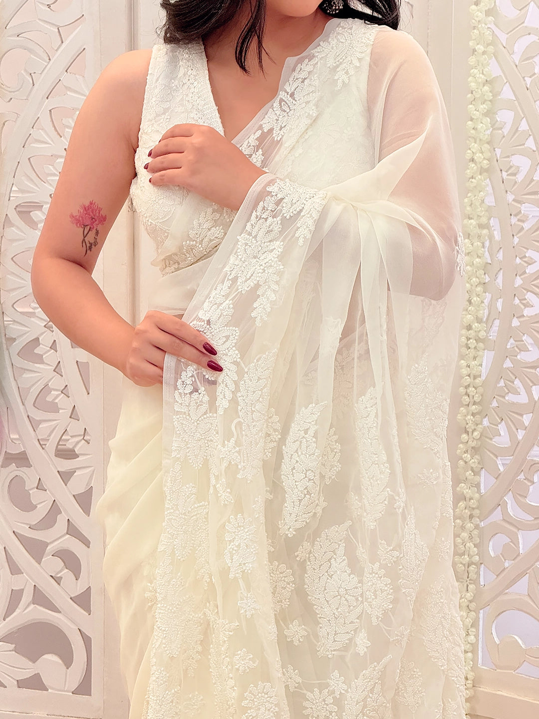 Sahira Georgette Chikankari Half Jaal Saree - White