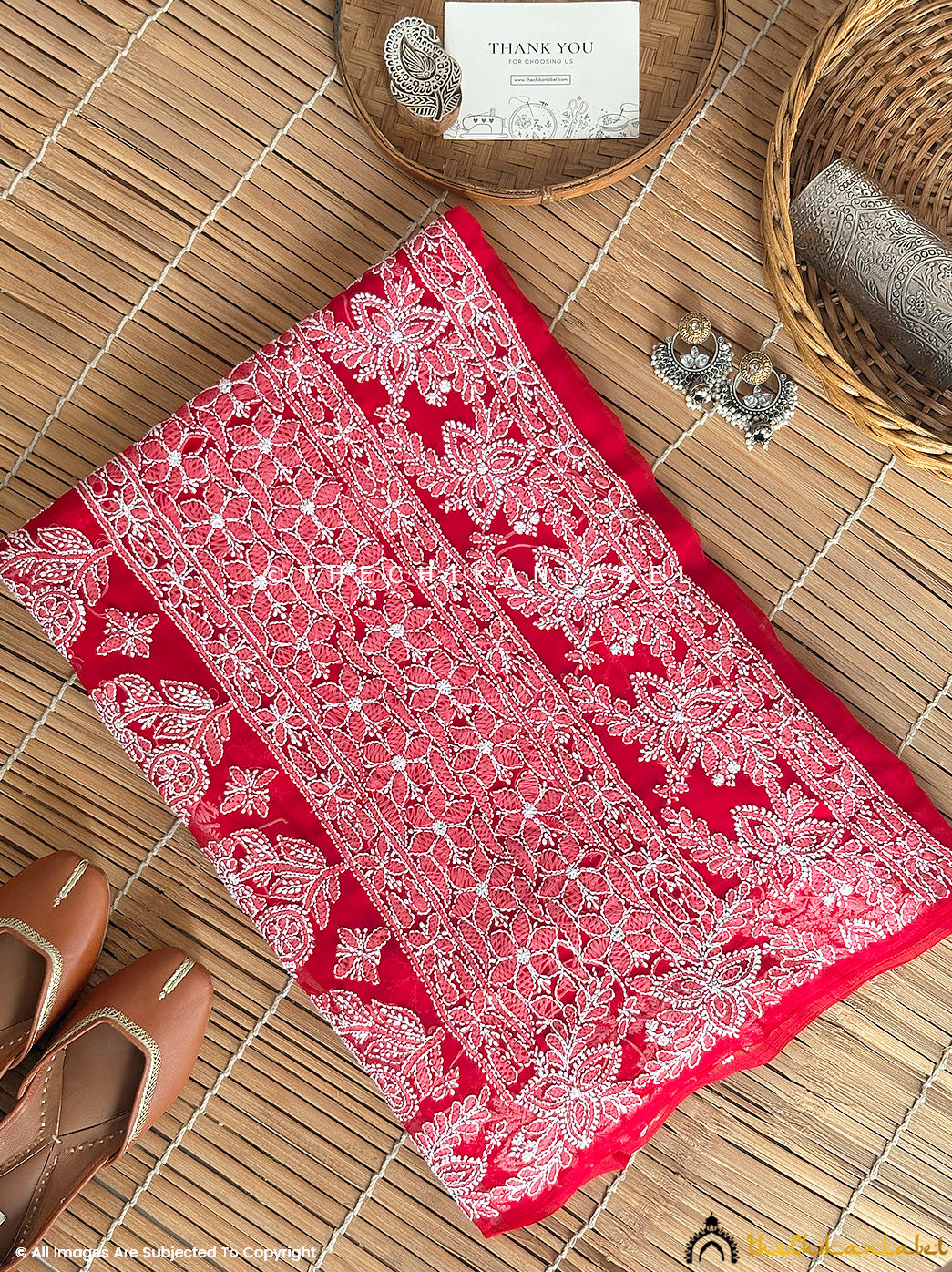 Model posing in luxurious chikankari saree paired with sleeveless blouse and oxidized jewelry, perfect blend of traditional embroidery and modern styling.

