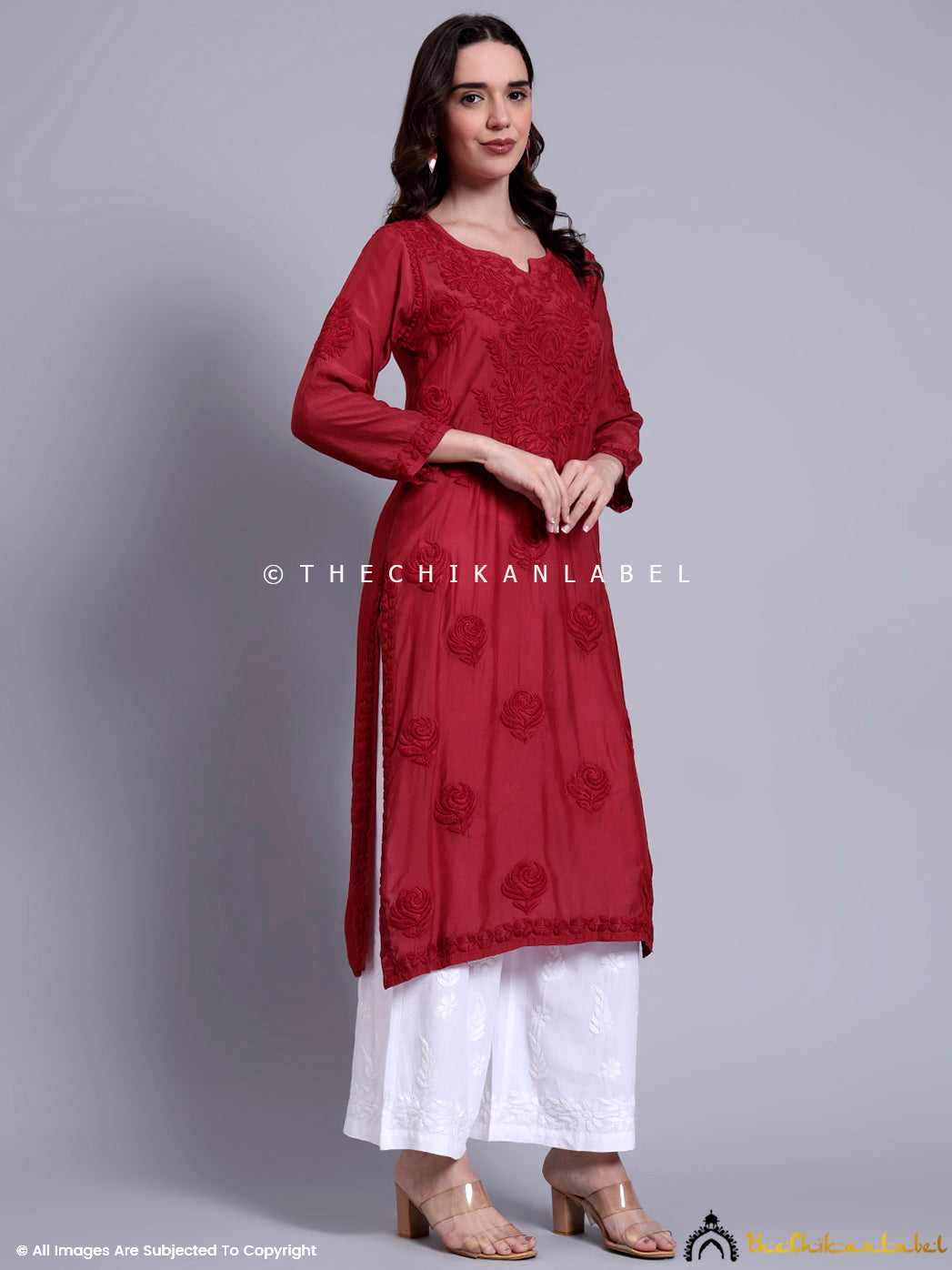Fusion ethnicwear look featuring straight muslin chikankari kurti and ankle-length palazzos, styled for a modern Indian woman.

