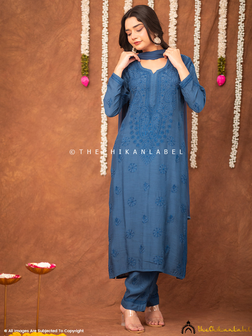 Samaira Muslin Chikankari Straight Kurta Set with Dupatta - Blue