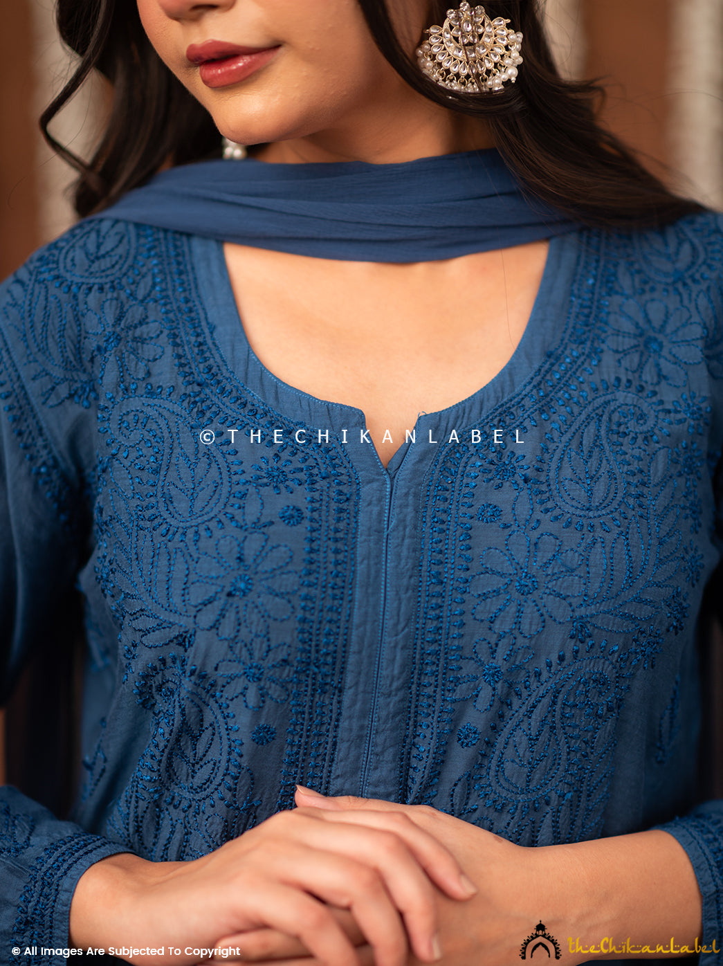 Samaira Muslin Chikankari Straight Kurta Set with Dupatta - Blue