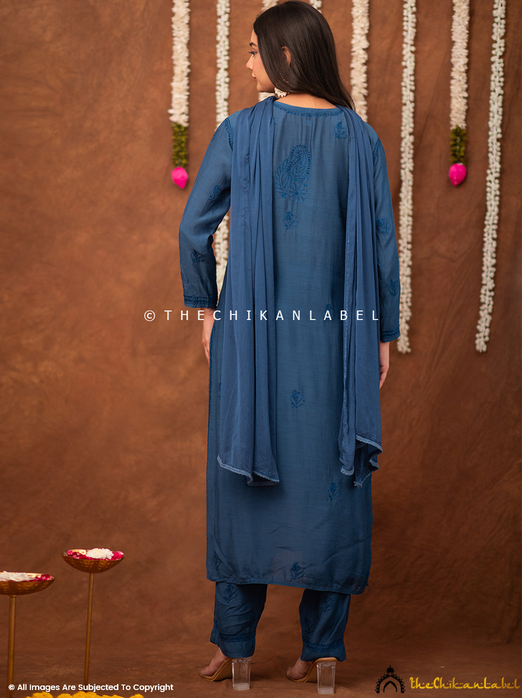 Samaira Muslin Chikankari Straight Kurta Set with Dupatta - Blue