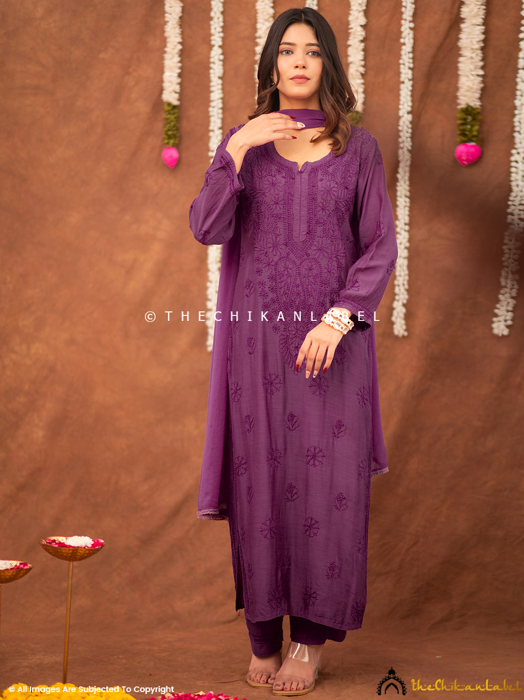 Samaira Muslin Chikankari Straight Kurta Set with Dupatta - Purple
