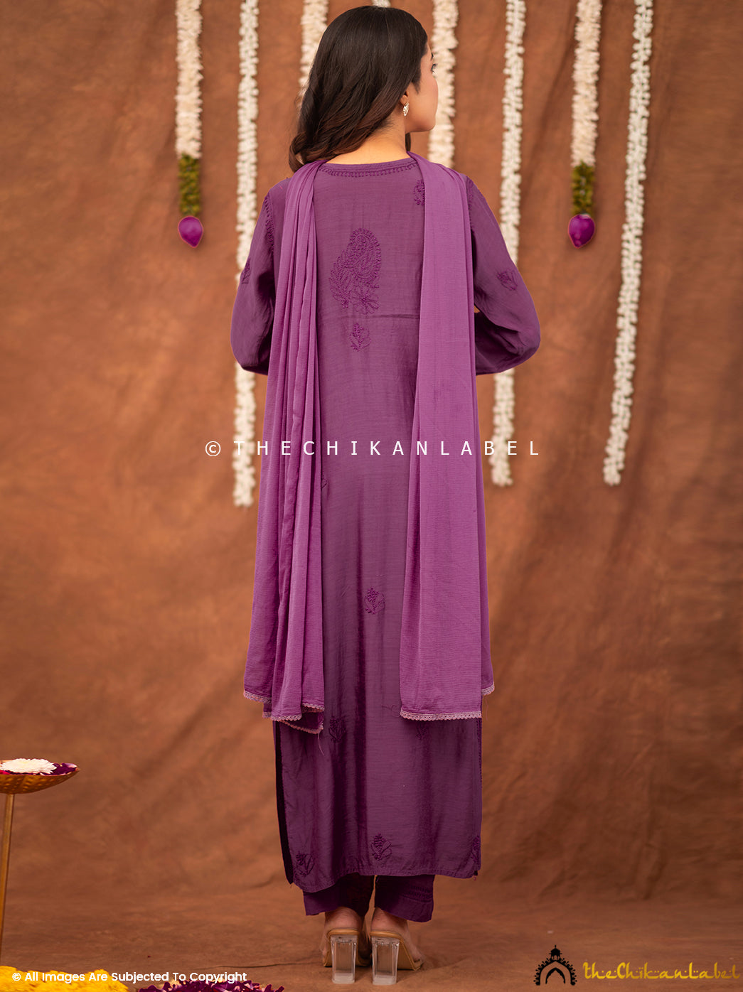 Samaira Muslin Chikankari Straight Kurta Set with Dupatta - Purple