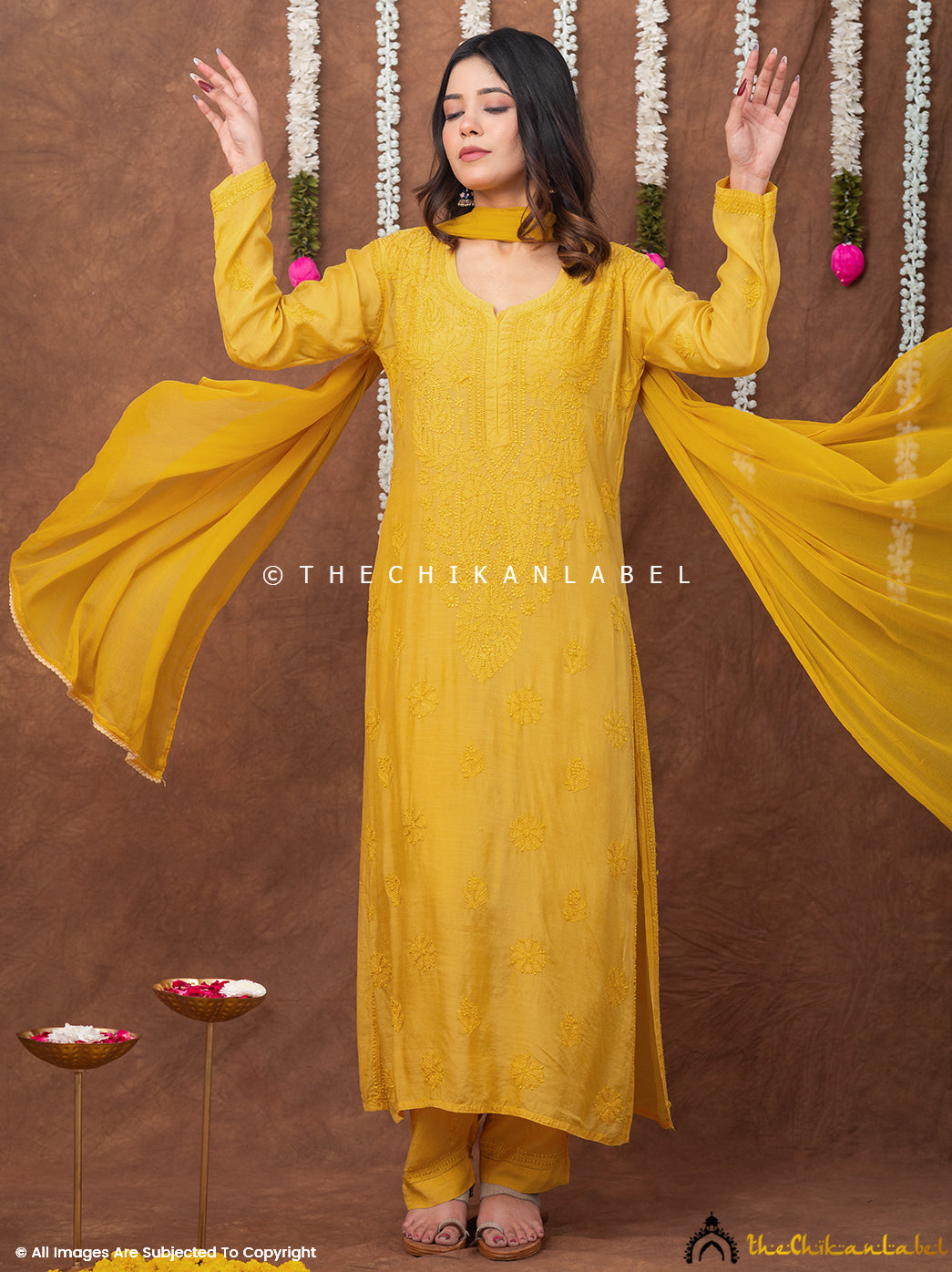Samaira Muslin Chikankari Straight Kurta Set with Dupatta - Yellow
