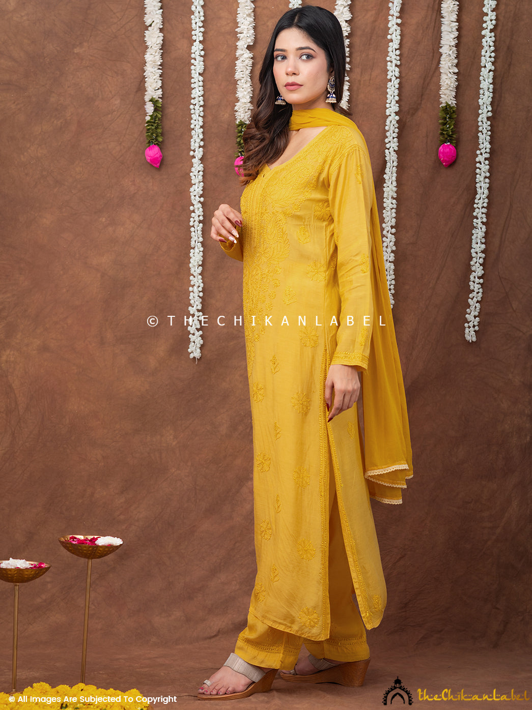 Samaira Muslin Chikankari Straight Kurta Set with Dupatta - Yellow