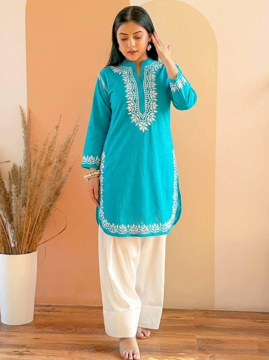 Sea Green Cotton Chikankari Farshi Salwar Set