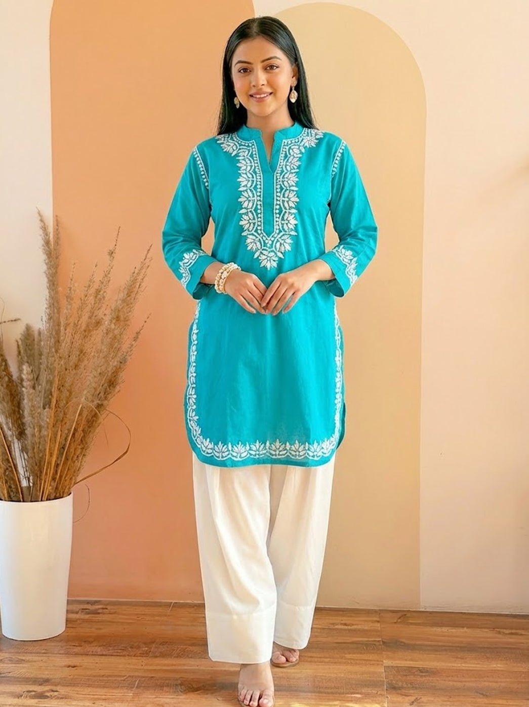 Sea Green Cotton Chikankari Farshi Salwar Set