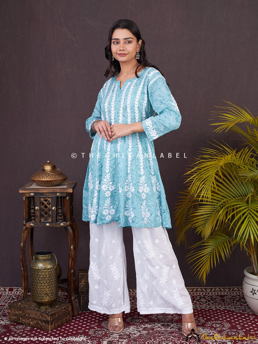Sea Green Firosha Mulmul Chikankari Short Anarkali ,Chikankari Short Anarkali in Mulmul Fabric For Woman