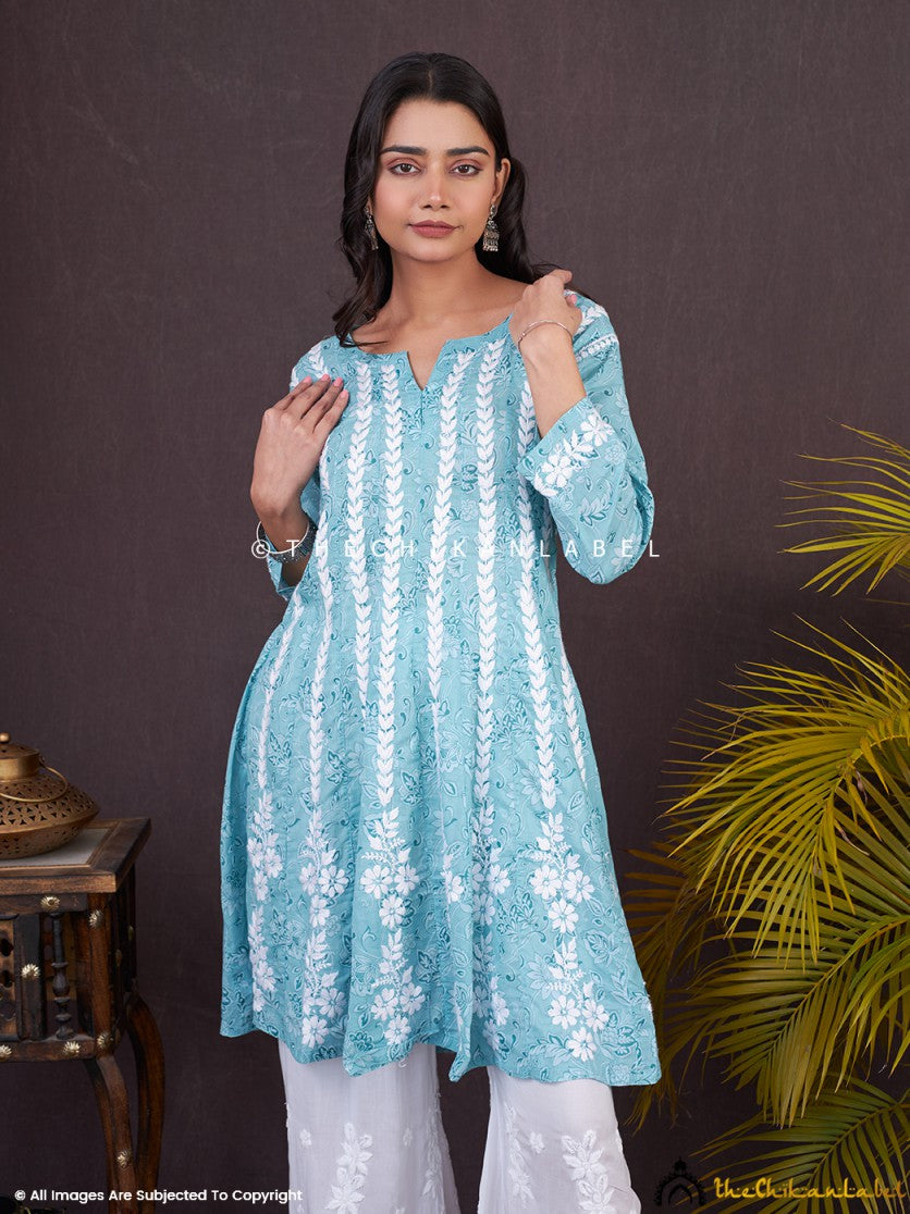 Sea Green Firosha Mulmul Chikankari Short Anarkali ,Chikankari Short Anarkali in Mulmul Fabric For Woman