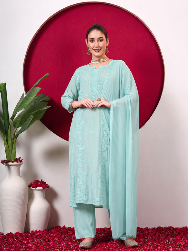Ishita Muslin Chikankari Straight Kurta Set with Dupatta - Turquoise