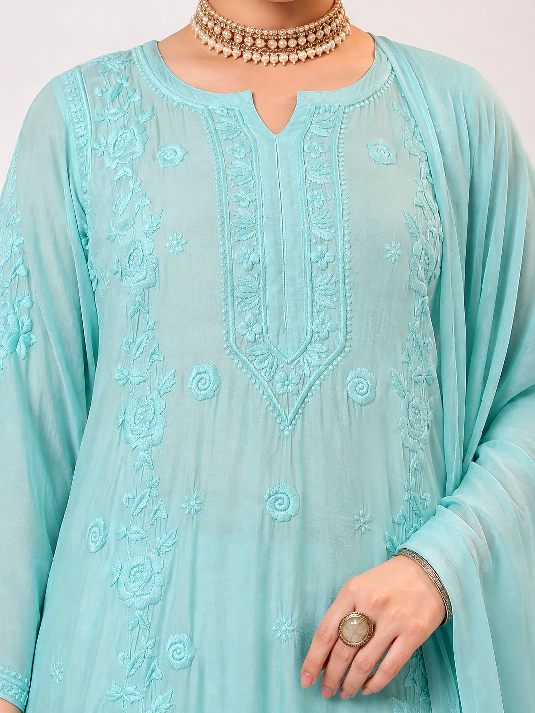 Ishita Muslin Chikankari Straight Kurta Set with Dupatta - Turquoise