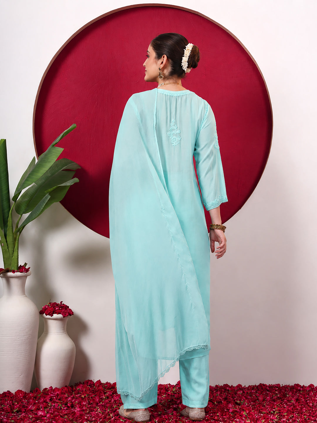 Ishita Muslin Chikankari Straight Kurta Set with Dupatta - Turquoise