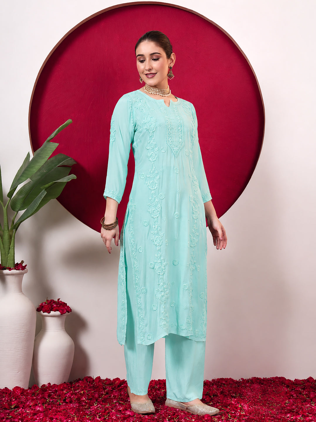 Ishita Muslin Chikankari Straight Kurta Set with Dupatta - Turquoise