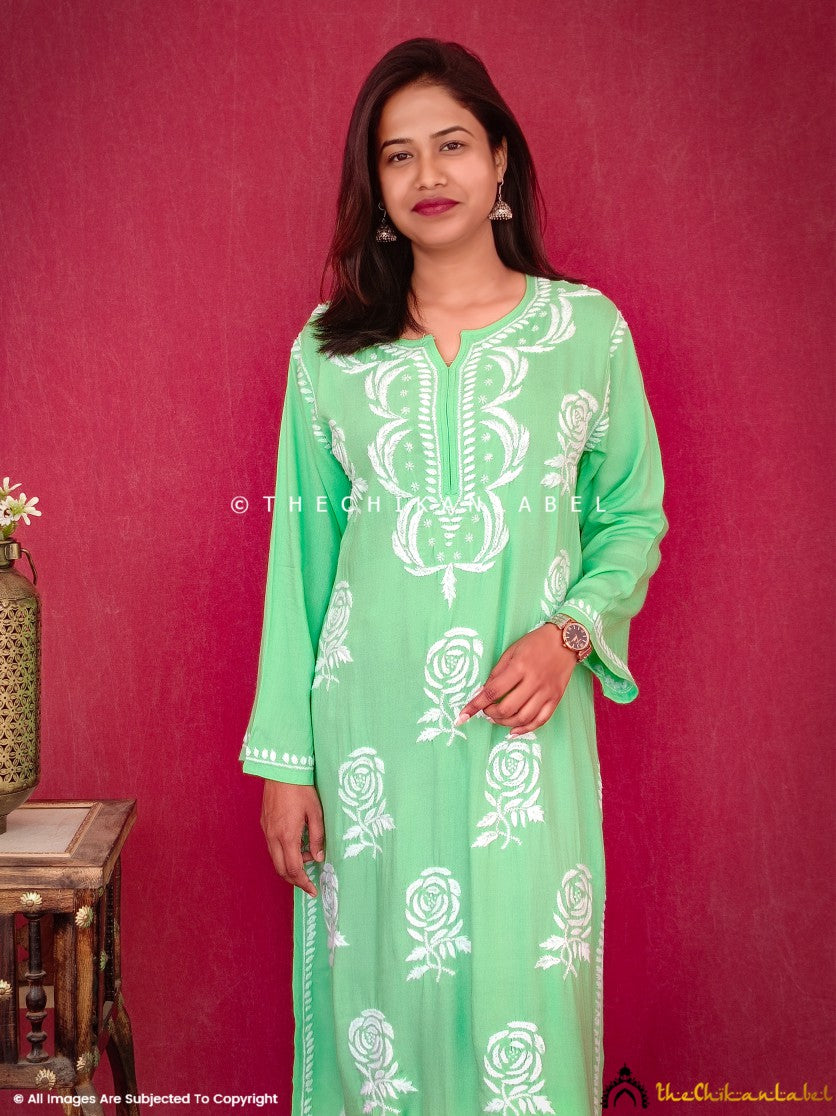 Green Modal Chikankari Straight Kurti ,Chikankari Straight Kurti in Modal fabric For Woman