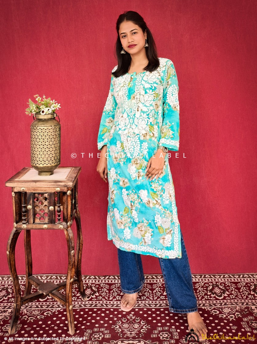 Sea Green Chah Mulmul Cotton Printed Straight Chikankari Kurti , Chikankari Kurti in Mulmul Cotton Fabric For Woman 