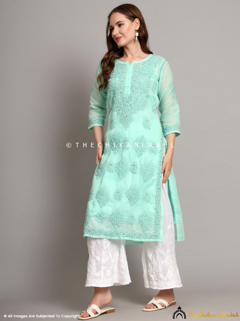 Sea Green Naina Cotton Chikankari Straight Kurti with inner