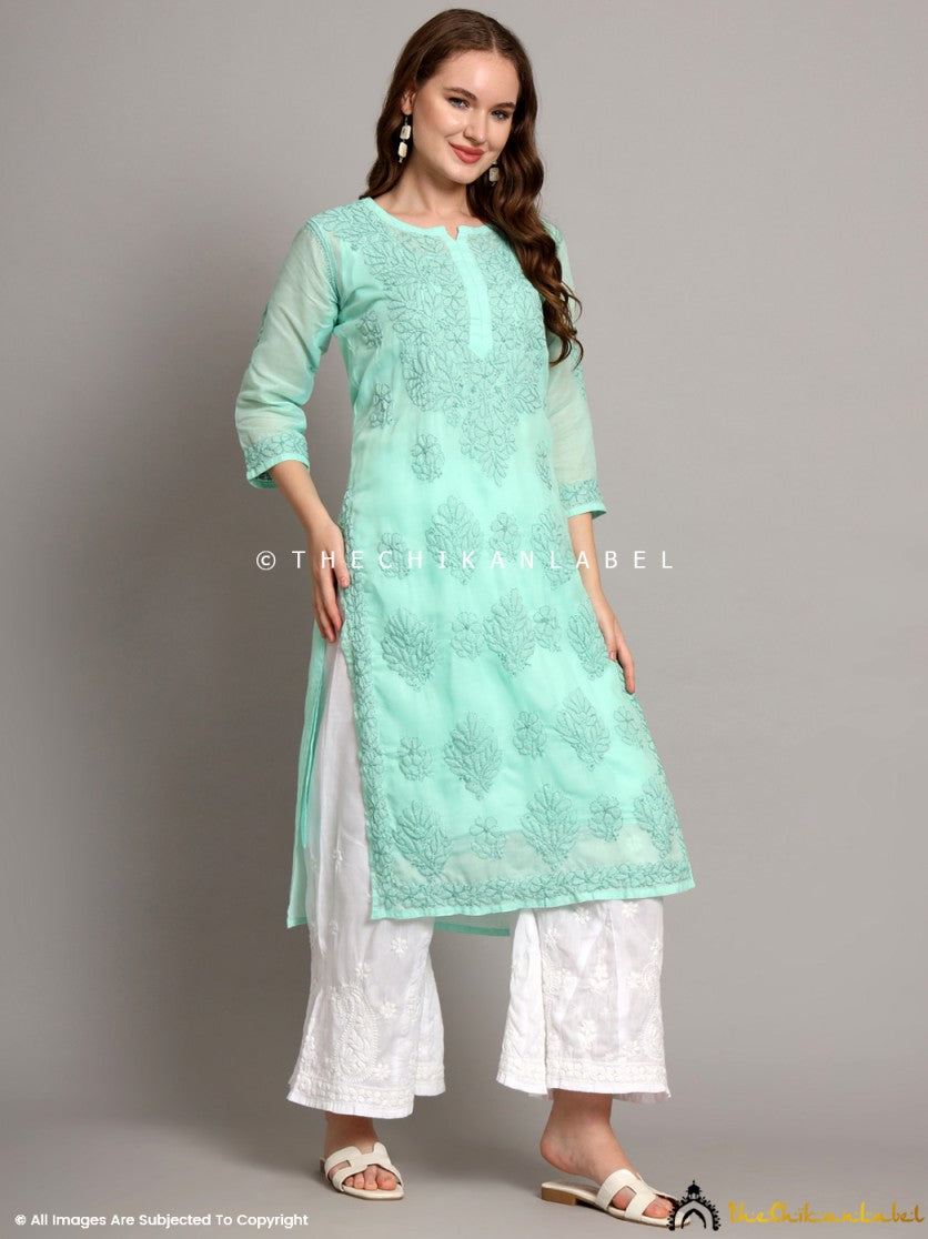 Sea Green Naina Cotton Chikankari Straight Kurti with inner