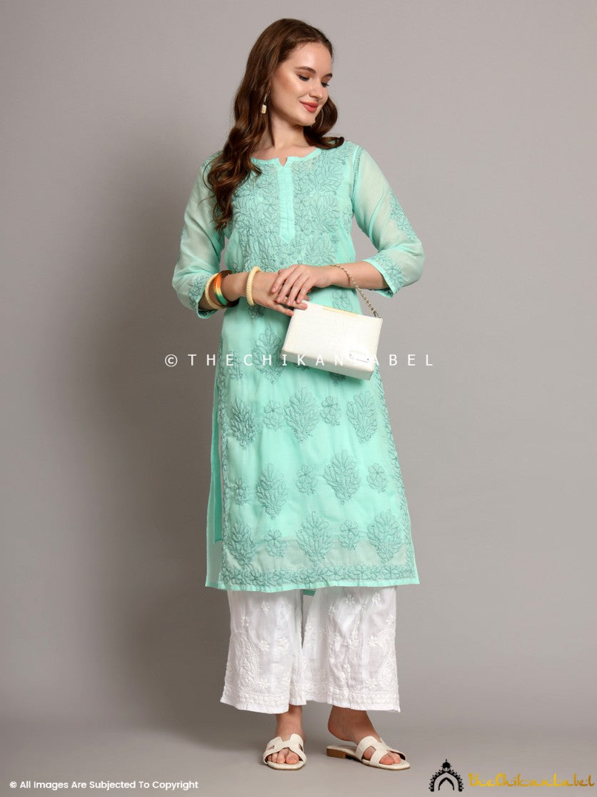 Sea Green Naina Cotton Chikankari Straight Kurti with inner